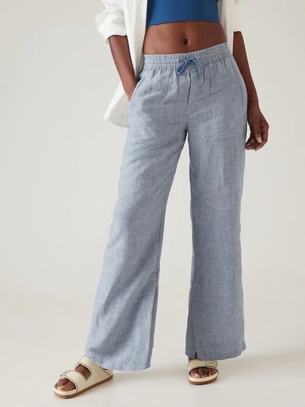 Athleta Light Blue Wide Leg Linen-Blend Pants